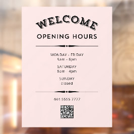 Welkom Openingstijden met QR Code Zwart op Roze Raamsticker