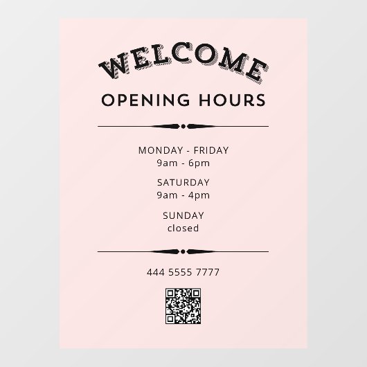 Welkom Openingstijden met QR Code Zwart op Roze Raamsticker (Vel)