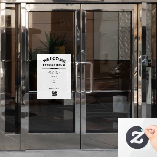 Welkom Openingstijden met QR Code Zwart op Wit Raamsticker (Kantoordeur)