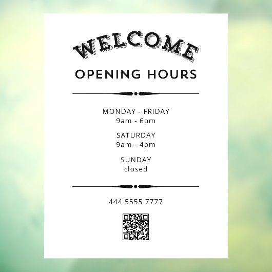 Welkom Openingstijden met QR Code Zwart op Wit Raamsticker (Vel 3)