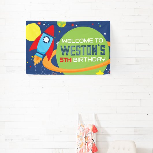 Welkom Outer Space Raket Verjaardagsbanner Spandoek (Insitu)