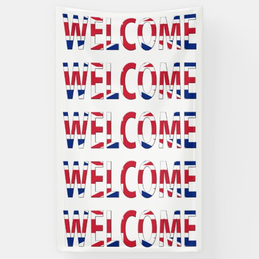 Welkom overlay op Union Jack Flag (v) bnrcnt Spandoek (Verticaal)