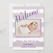 Welkom Paarse Foto Script Personaliseer Geboorte Aankondiging (Voorkant)