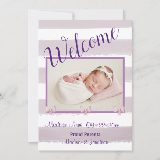 Welkom Paarse Foto Script Personaliseer Geboorte Aankondiging (Voorkant)