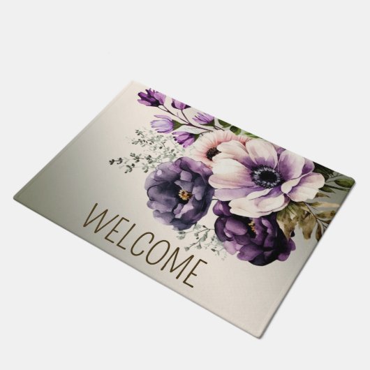 Welkom Paarse Roze Bloemen Golden Elegant Deurmat (Schuin)