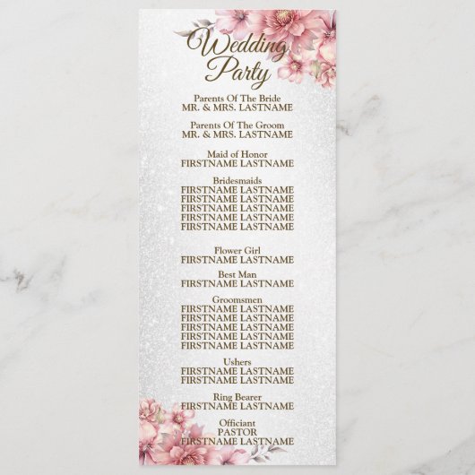 Welkom Party Bruiloft Roze Waterverf Bloem Glanzen Programmakaart (Achterkant)