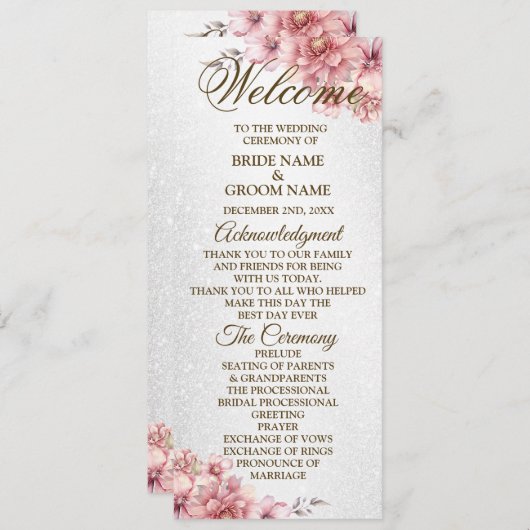 Welkom Party Bruiloft Roze Waterverf Bloem Glanzen Programmakaart (Voorkant / Achterkant)
