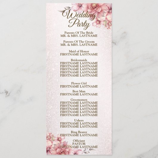Welkom Party Bruiloft Roze Waterverf Bloem Glanzen Programmakaart (Achterkant)