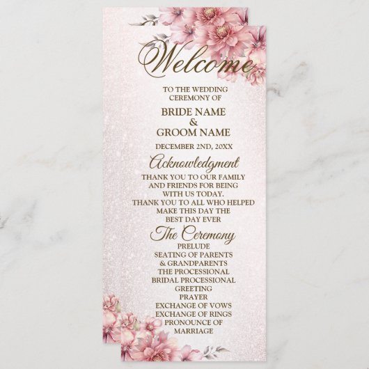 Welkom Party Bruiloft Roze Waterverf Bloem Glanzen Programmakaart (Voorkant / Achterkant)