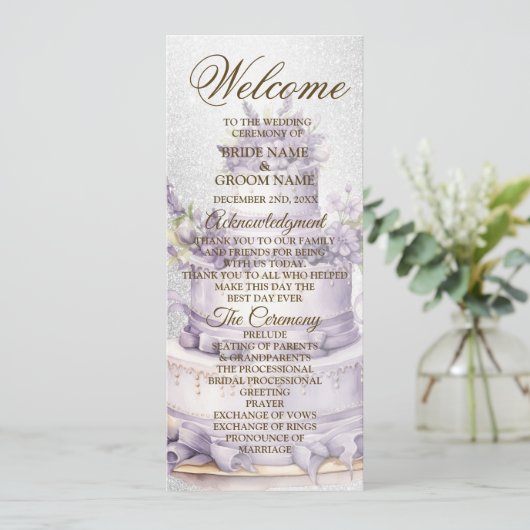 Welkom Party Cake Lavendel Bloemen Elegante Bruilo Programmakaart (Staand voorkant)