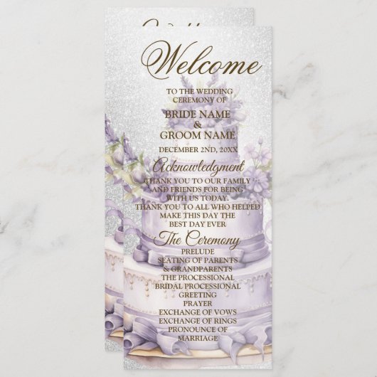 Welkom Party Cake Lavendel Bloemen Elegante Bruilo Programmakaart (Voorkant / Achterkant)