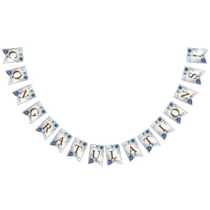 Welkom Party Dusty Blue Waterverf Flowers Silver Vlaggetjes