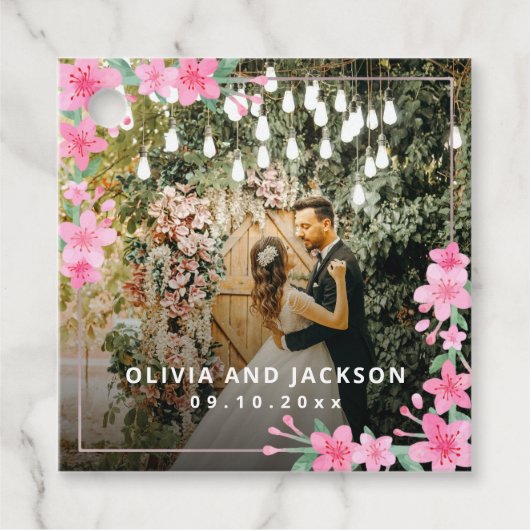 Welkom Party Roze Bloemen Gouden Lijst bruiloft Bedankjes Labels (Voorkant)