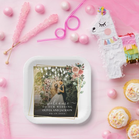 Welkom Party Roze Bloemen Gouden Lijst bruiloft Papieren Bordje (Feest)