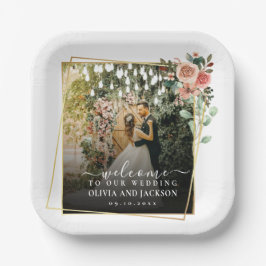 Welkom Party Roze Bloemen Gouden Lijst bruiloft Papieren Bordje