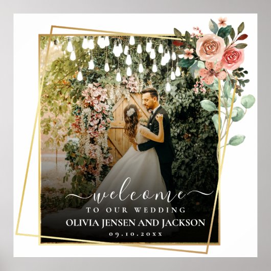 Welkom Party Roze Bloemen Gouden Lijst bruiloft Poster (Voorkant)