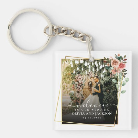 Welkom Party Roze Bloemen Gouden Lijst bruiloft Sleutelhanger (voorkant)