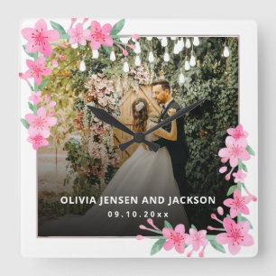 Welkom Party Roze Bloemen Gouden Lijst bruiloft Vierkante Klok