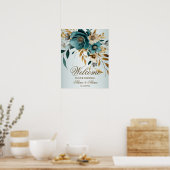 Welkom Party Turquoise Witte Bloem Gouden Bladeren Poster (Keuken)