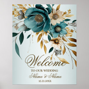 Welkom Party Turquoise Witte Bloem Gouden Bladeren Poster