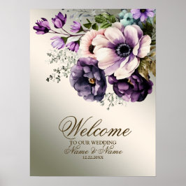 Welkom Party Waterverf Paarse Roze Bloemen Goud Poster