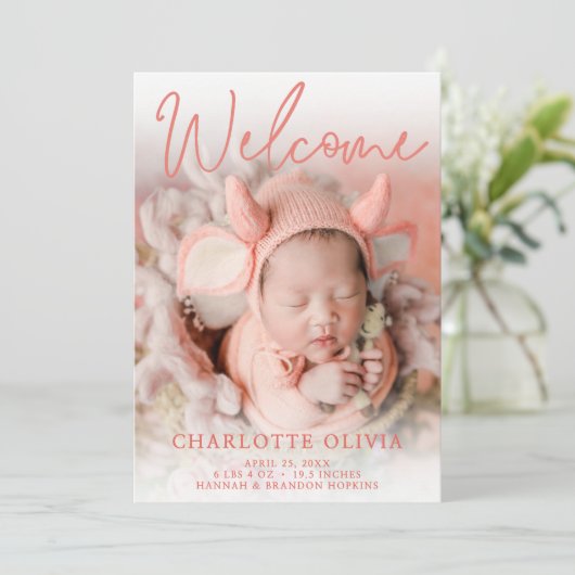 Welkom Peach Foto Geboorteaankondiging Kaart (Staand voorkant)