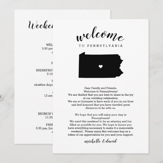 Welkom Pennsylvania Wedding Letter & Itinerary (Voorkant / Achterkant)