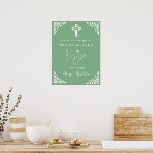Welkom Poster Bloemenkruis doop Sage Green (Keuken)
