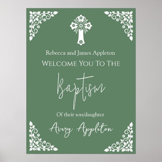 Welkom Poster Bloemenkruis doop varen groen (Voorkant)