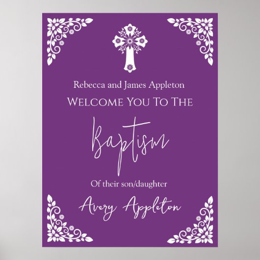 Welkom Poster Bloemenkruis doopsel Sweet Plum (Voorkant)