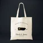 Welkom Puerto Rico Wedding Bag, zwart & goud Tote Bag<br><div class="desc">Het weekend van de bruiloft heet cadeautas voor gasten uit de stad voor je bruiloft,  met afbeelding van het eiland Grand Cayman,  met gouden hart.  Vul het tas met je favoriete godies.</div>