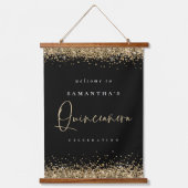 Welkom Quinceanera Gold Glitter Name Black Hangend Wandkleed (Voorkant)