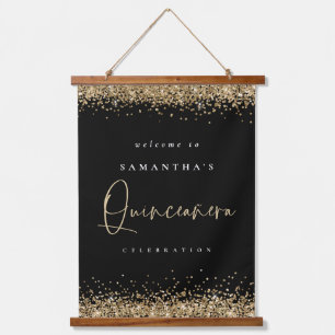Welkom Quinceanera Gold Glitter Name Black Hangend Wandkleed