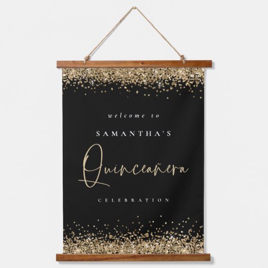 Welkom Quinceanera Gold Glitter Name Black Hangend Wandkleed (Voorkant)