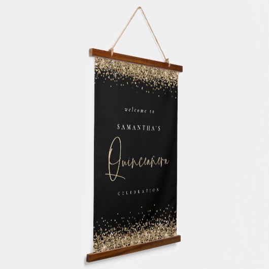 Welkom Quinceanera Gold Glitter Name Black Hangend Wandkleed (Gebogen)