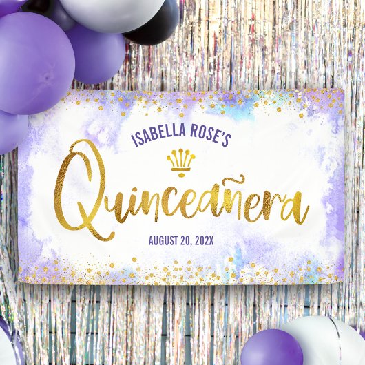 Welkom Quinceañera Paarse Waterverf Gold Script Spandoek