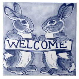 Welkom Rabbit Bunny Art Cute Blue Trivet Tegeltje