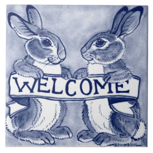 Welkom Rabbit Bunny Art Cute Blue Trivet Tegeltje