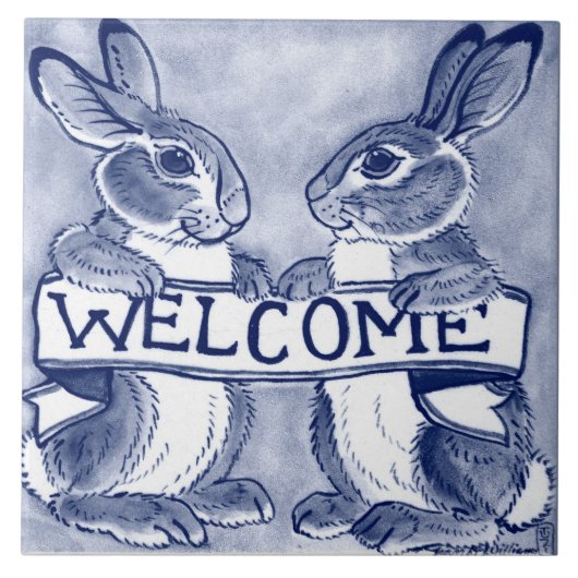 Welkom Rabbit Bunny Art Cute Blue Trivet Tegeltje (Voorkant)