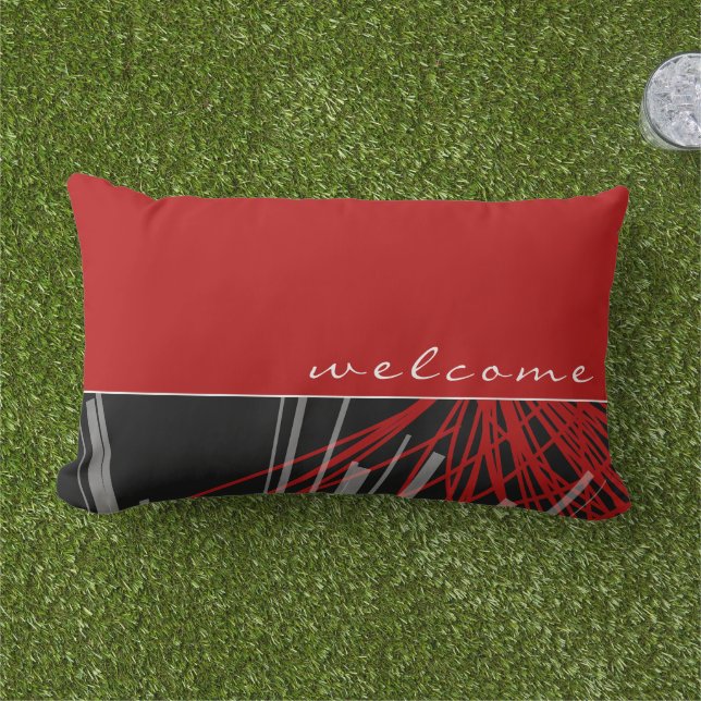 Welkom | Rode zwarte en witte Abstracte linten Buitenkussen (Gras)