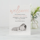 "Welkom" Roos Gold Foil Foto geboorteaankondiging Aankondiging (Staand voorkant)