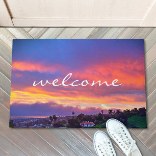 Welkom Roze Blauw Geel Zonsondergang Kust Foto  Deurmat