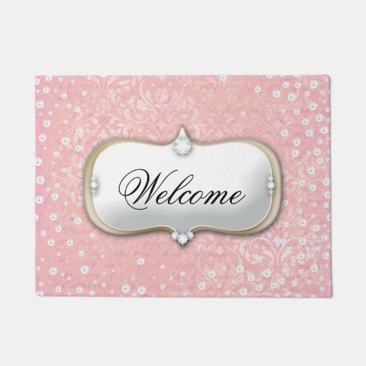 Welkom Roze Damask Pearl Monogram Doormat Deurmat (Voorkant)