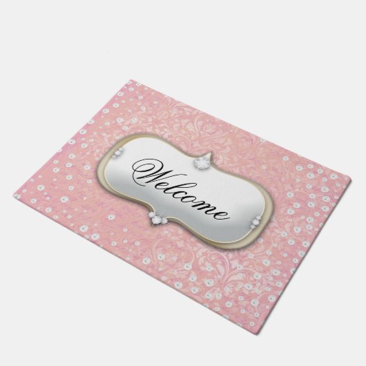 Welkom Roze Damask Pearl Monogram Doormat Deurmat (Schuin)