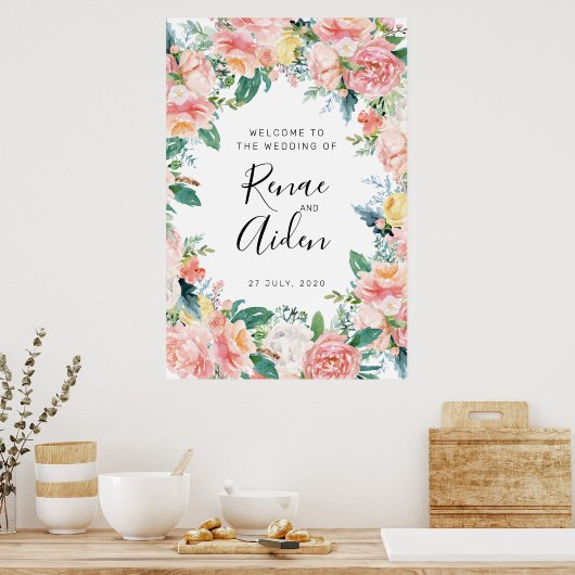 Welkom, roze Floral Wedding, Floral welkom Poster (Keuken)