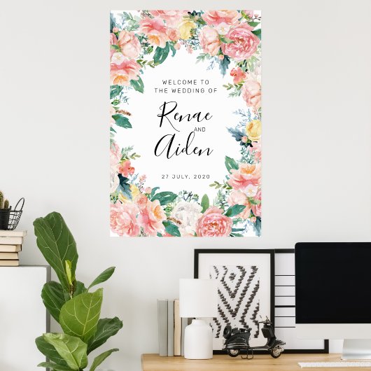 Welkom, roze Floral Wedding, Floral welkom Poster (Thuiskantoor)