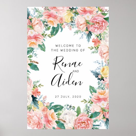 Welkom, roze Floral Wedding, Floral welkom Poster (Voorkant)