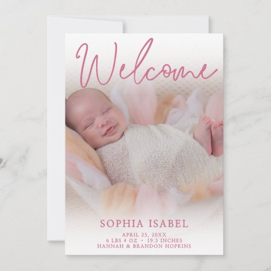 Welkom Roze Foto Geboorteaankondiging Kaart (Voorkant)