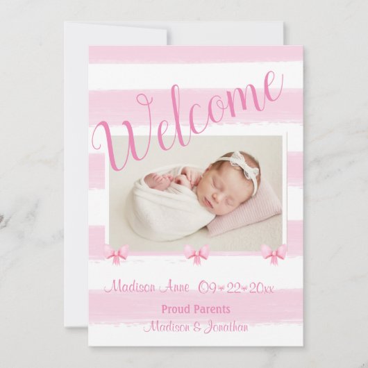 Welkom roze fotoscript aan bevallen meisje aankondiging (Voorkant)