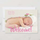 Welkom roze fotoscript Meisgeboorte personaliseren Aankondiging (Voorkant)
